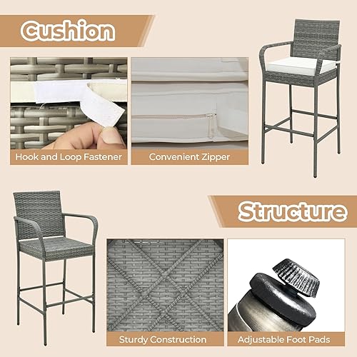 Miniatura 6 de COSTWAY Juego de 2 taburetes de bar de mimbre, sillas de altura de barra de patio con cojines, reposabrazos y reposapiés, taburetes de ratán al aire