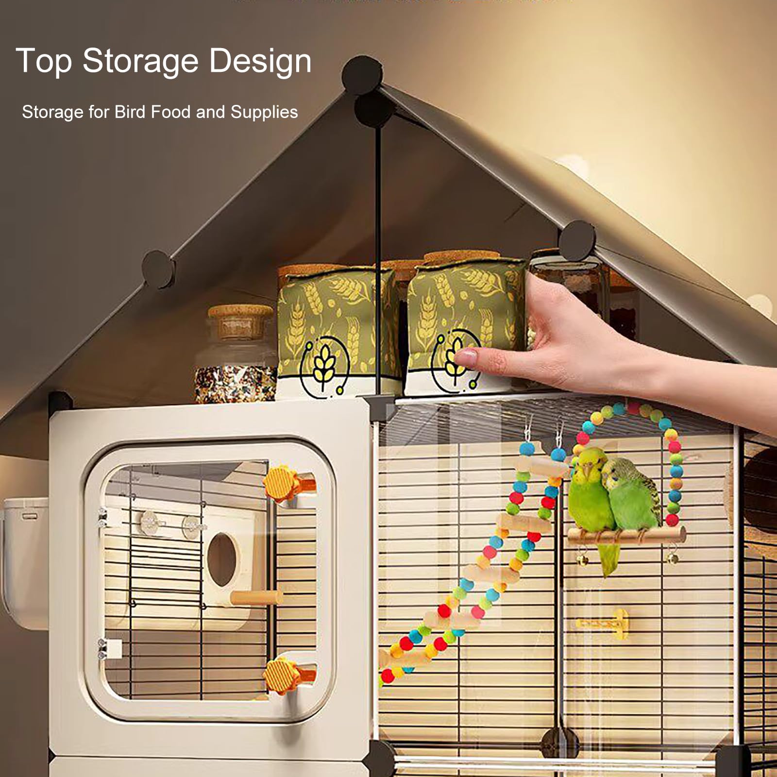Jaula Grande para Pájaros con Ruedas – Aviario Espacioso para Periquitos, Conures y Agapornis, Jaula para Loros con Almacenaje Superior y Columpio para Interior y Exterior White