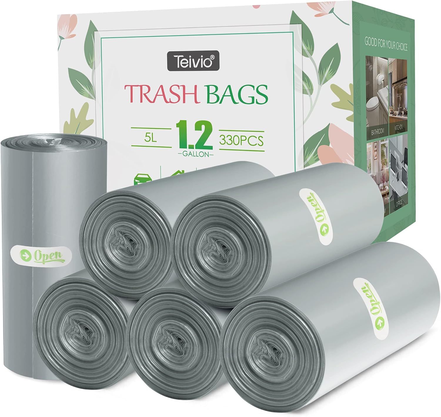 330 Counts Strong Trash Bags Garbage Bags by Teivio, Bathroom Trash Can Bin Liners, Small Plastic Bags for home office kitchen (Grey, 2.6 Gallon)