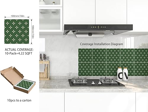 Miniatura 6 de COLAMO LUXURY - Protector contra salpicaduras de 8 x 8 pulgadas, color verde brillante, azulejos adhesivos de cerámica sintética para cocina, diseño