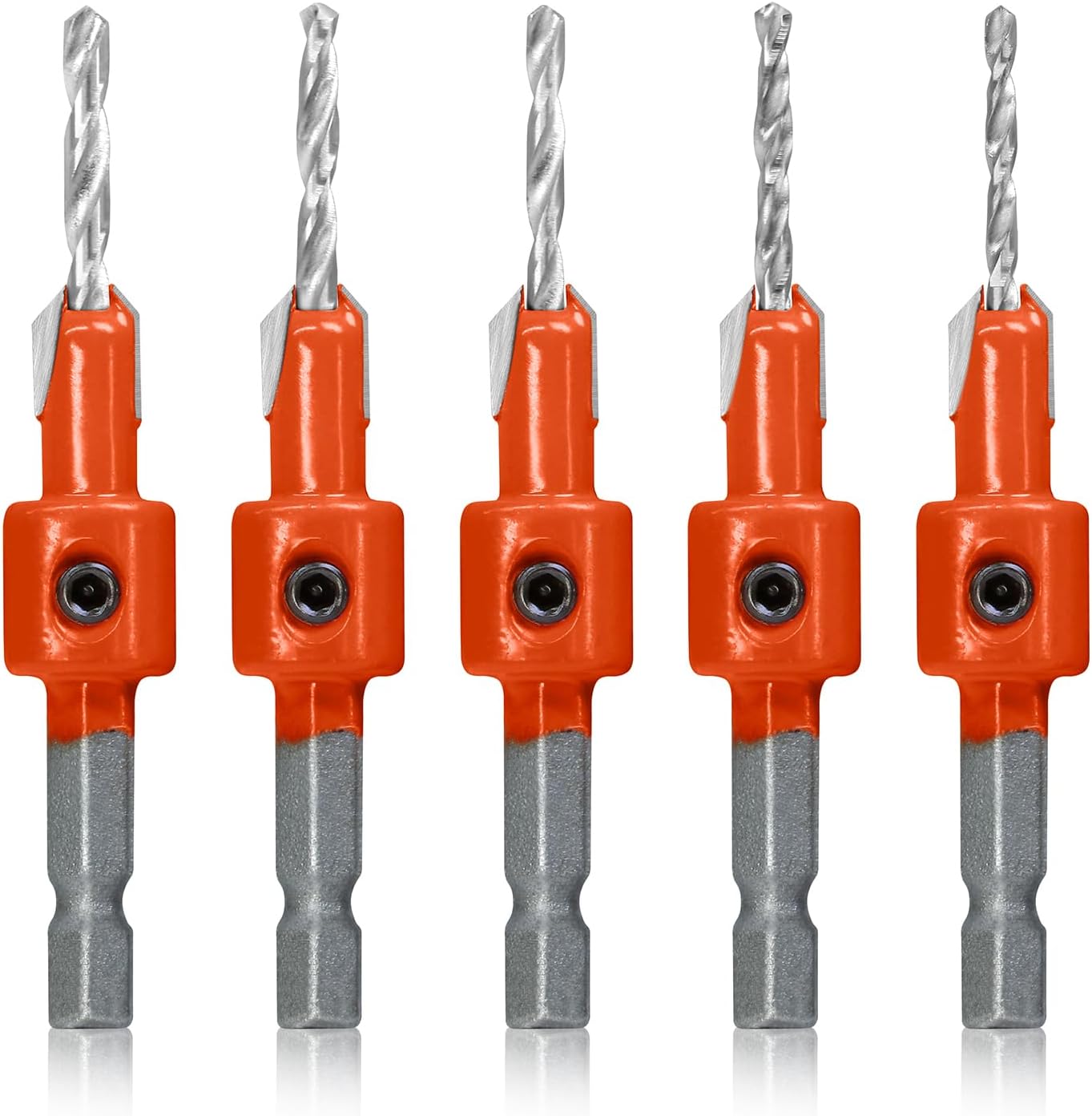 5pcs Countersink Drill Bit Set – 1/4" Hex Shank Woodworking Pilot Hole & Chamfer Bits with 8mm Cutter Diameter, Hex Keys and Replaceable HSS Twist Bits (2.5, 2.8, 3.0, 3.2, 3.5mm)