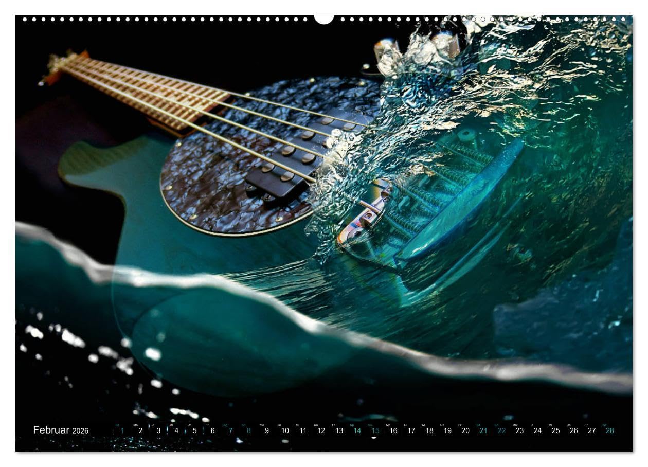 Gitarren im Wasser (hochwertiger Premium Wandkalender 2026 DIN A2 quer), Kunstdruck in Hochglanz: Fantastische, einzigartige Bilder von Gitarren im und unter Wasser (CALVENDO Kunst)