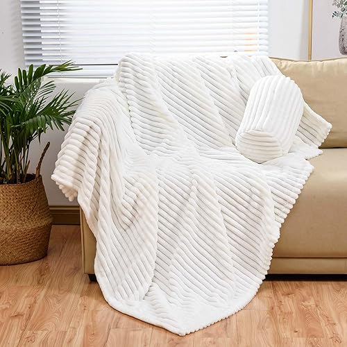 Miniatura 1 de BNuitland Manta de franela blanca con bolsa de almacenamiento, manta de sofá de 300 GSM súper suave con patrón de rayas para adultos y niños, manta
