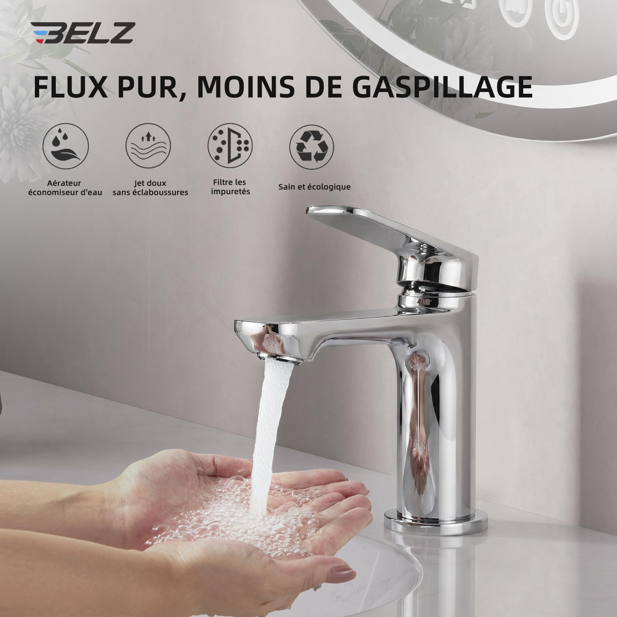 BELZ Robinet Mitigeur Lavabo Chromé Monocommande Économie d'Eau Anti-Goutte | Cartouche Céramique Anti-Goutte Économie d'Eau Laiton Massif Sans Plomb Montage Facile Finition Chromée Antirouille Durable