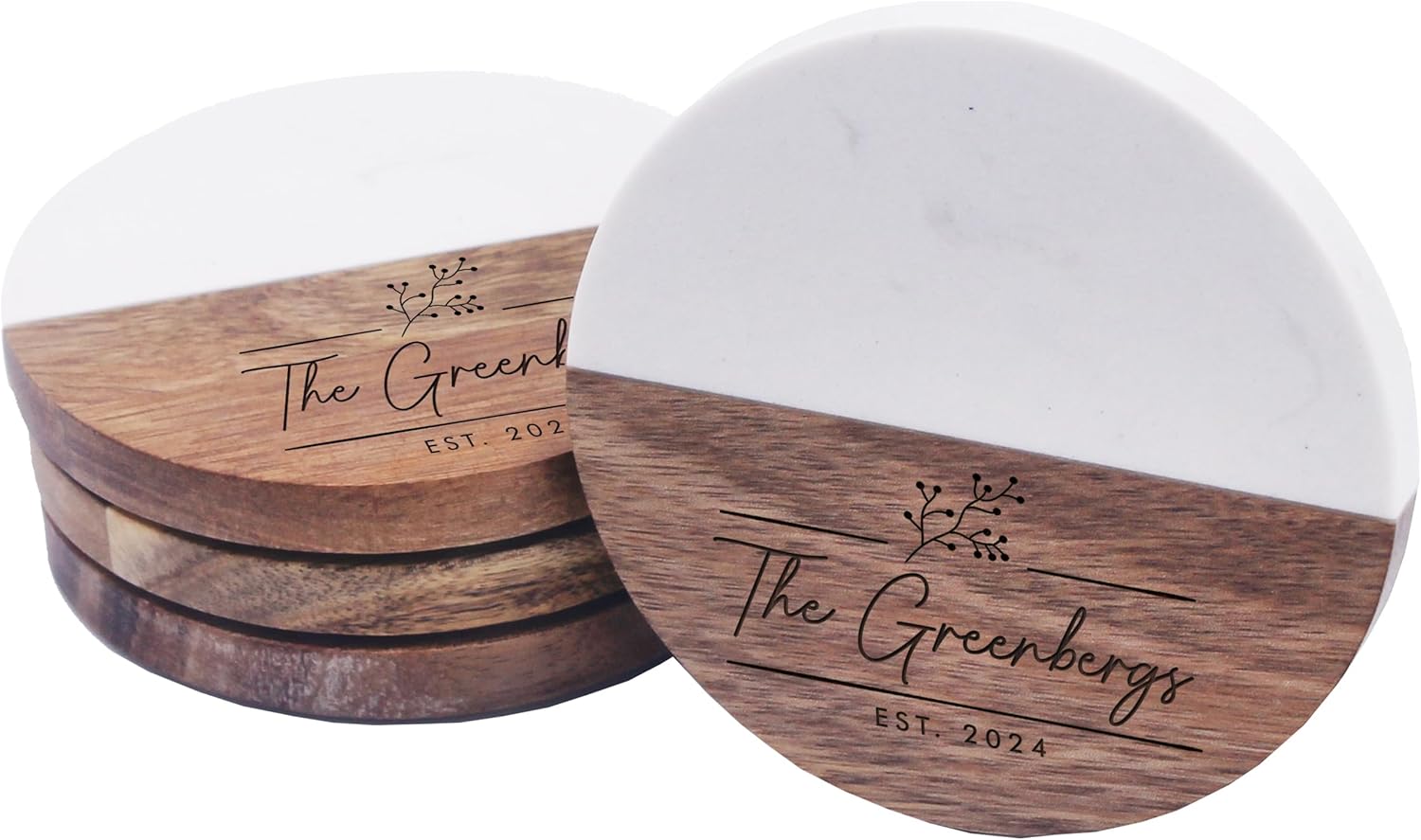 Custom Personalized Marble, Slate and Acacia Bar Coasters for Drinks, Wedding Gift for Couples (Round Marble and Acacia)