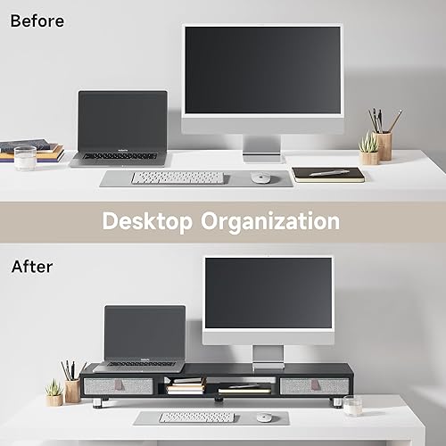 Miniatura 8 de Fenge Soporte de monitor doble con 2 cajones, elevador grande de computadora de 42.5 pulgadas para escritorio, estante de escritorio de altura