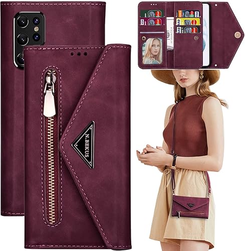 Funda cruzada para Samsung Galaxy S22 Ultra (no S22) con tarjetero y tarjetero, funda con cordón ajustable para Samsung Galaxy S22 Ultra, color rojo