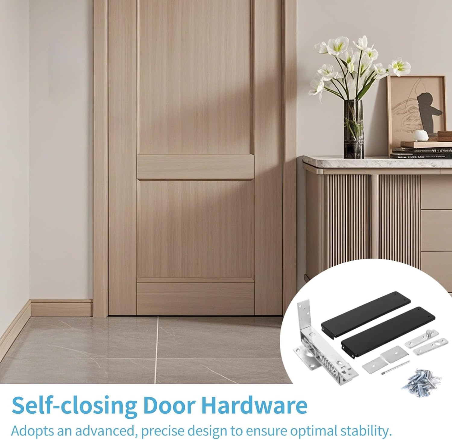 Double Action Spring Hinge, Includes Cover Plates, Stainless Steel Spring Pivot Hinge for Wood Door, Self-Closing Door Hardware with Adjustable Telescoping Shaft