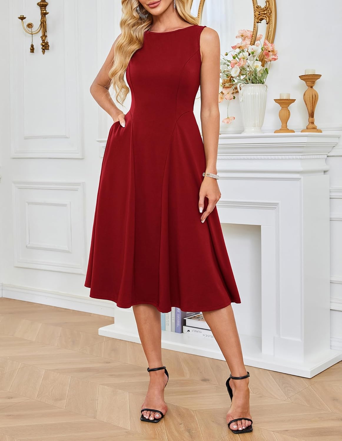 GRACE KARIN Women's Sleeveless Cocktail Party Dress 2025 Wedding Guest Vintage A Line Midi Dresses with Pockets - Image 2