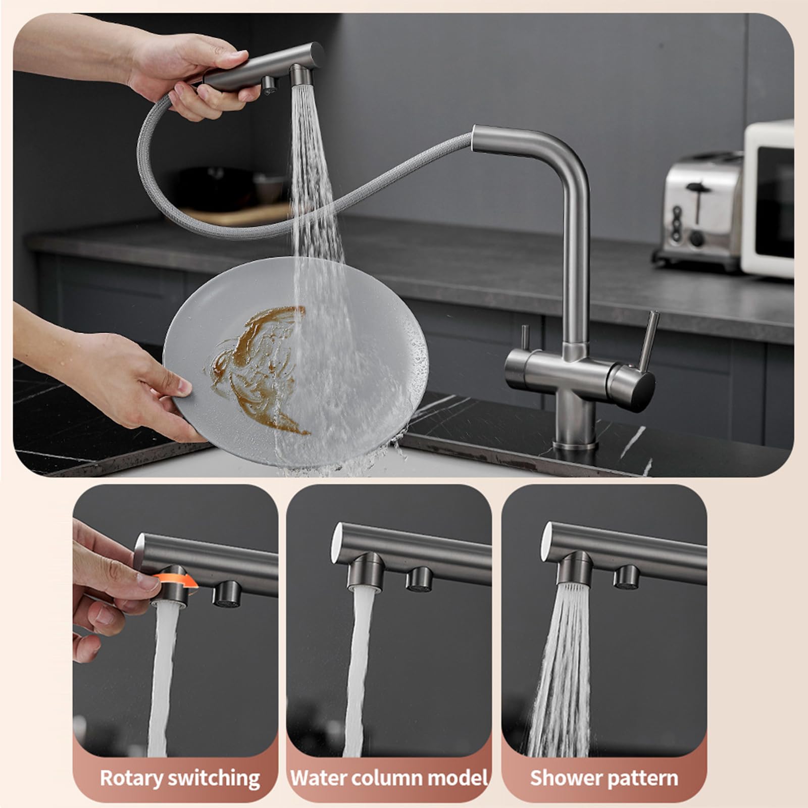 XJTNLB Rubinetto Lavello Cucina 3 Vie con Doccetta Estraibile Spazzolato Rubinetto Depuratore Acqua con Doppia Leva Miscelatore 3 Vie Cucina