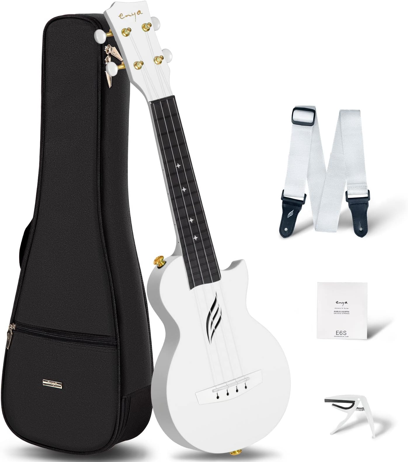 ENYANova U Mini Ukulele Soprano 21 Inch Set White Ukulele Acoustic for Beginners Adults Children from 3-15 Years Starter Kit with Case Strap Capo and Strings for Home School Travel
