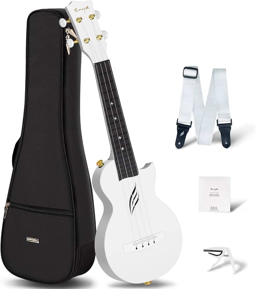 Ukulele Soprano Ukulele enya Nova U Mini 53,3 cm – Ukulele de viagem de fibra de carbono – com kit para iniciantes inclui estojo semi-rígido, alça, capo e cordas (branco)