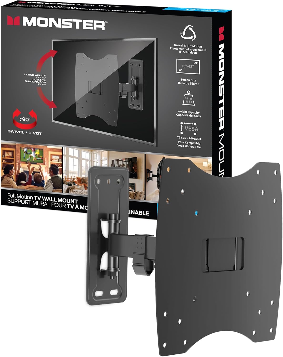 Monster Full Motion TV Mount for 13”-42” TVs up to 55 Lbs., Flat Panel Swivel and Tilt Television Mount, Heavy Gauge Steel Construction, Tilts 5° - -10°, 90° Swivel, VESA Mounting 75 x 75 – 200 x 200