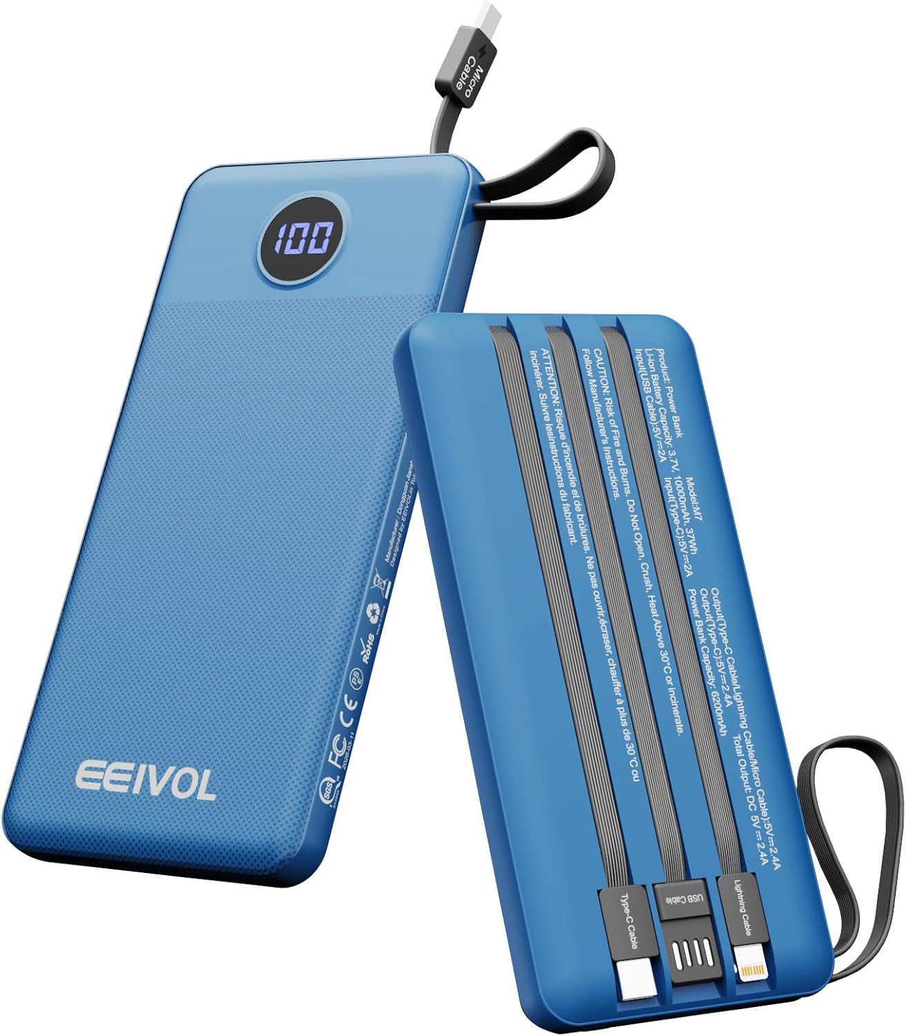 Eeivol 37W 10000mAh Power Bank with 3x Built-in Cables