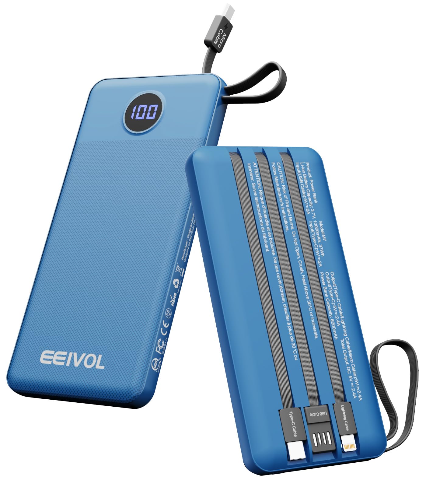 EEIVOL Portable Charger with Built in Cables, Slim 10000mAh Power Bank, USB C Battery Pack Travel, 4 Output 2 Input External Charging Bank for iPhone 17/16/15/14/13,Samsung, Android, etc-Blue(1 Pack)