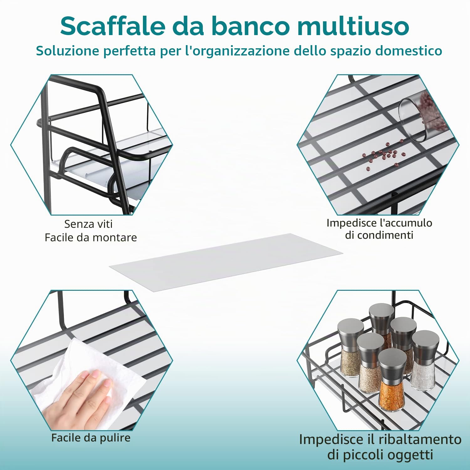 Supporto Porta Spezie Organizer per Cucina da Appoggio,Mensola Portaspezie Ripiani Organizzatore per Cucina Armadietto Bagno 2 Livelli,Nero