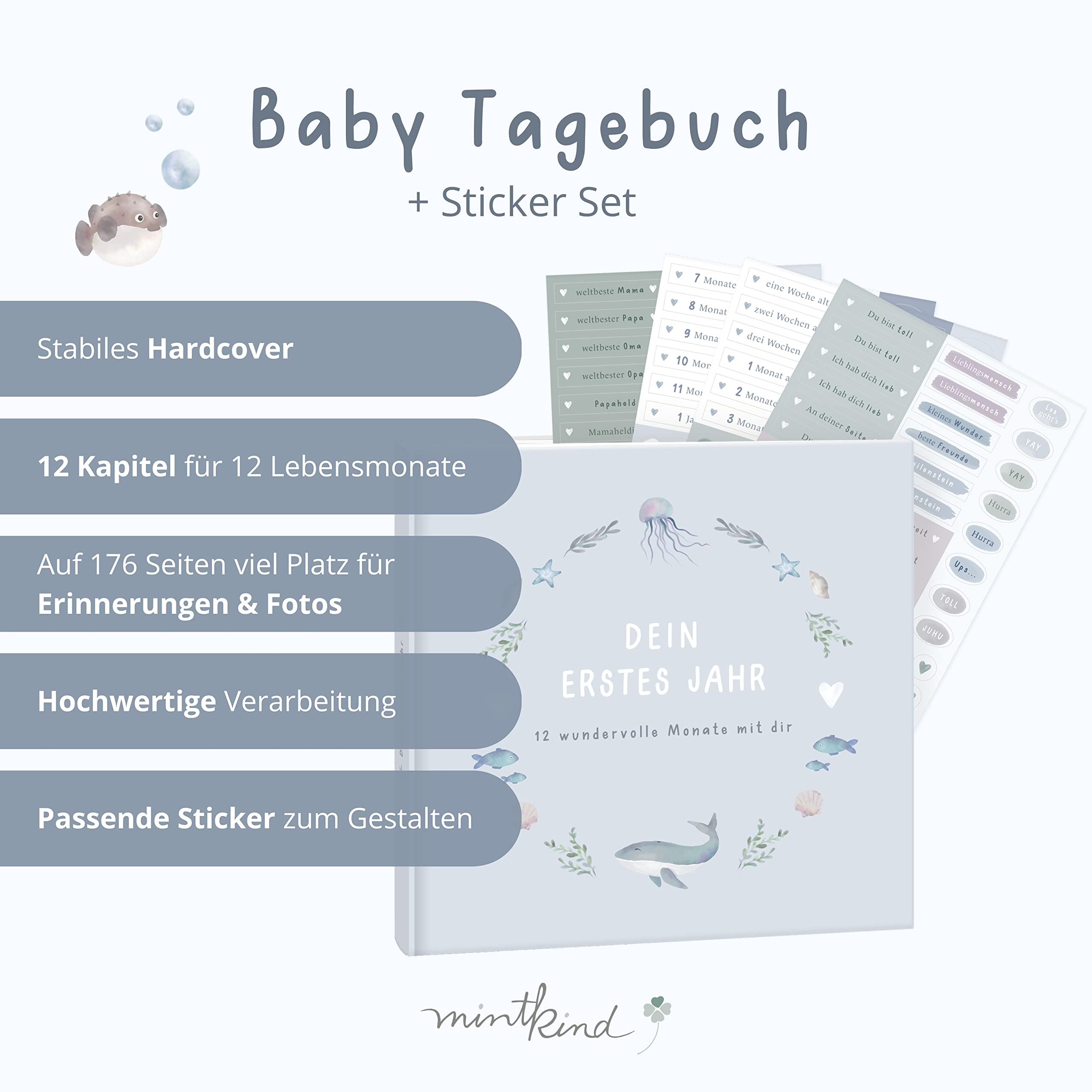 mintkind My First Year Album pour bébé Baleine Bleu – Journal de bébé doux avec 176 pages et lot d'autocollants pour les souvenirs précieux de la première année de vie, couverture rigide, conçu avec