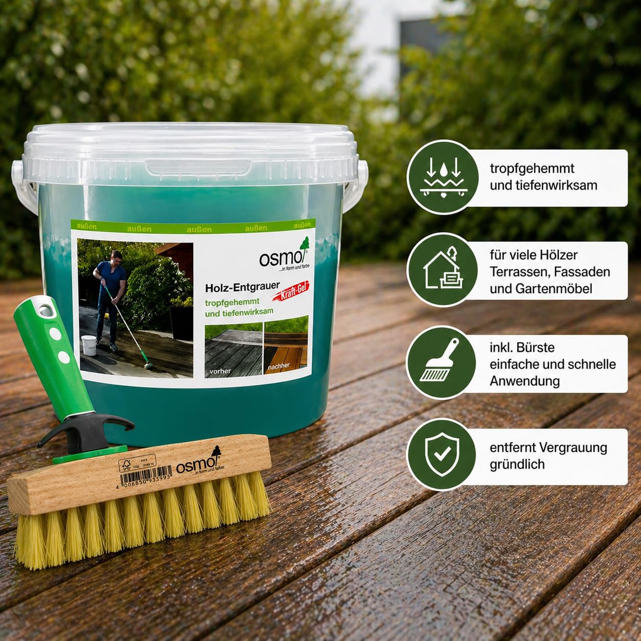 OSMO Holz Entgrauer Kraft Gel 6609 2,5L Set inkl Pfahler Pinsel und Bürste Holzreiniger für Holzterrassen Fassaden Gartenmöbel entfernt Vergrauung