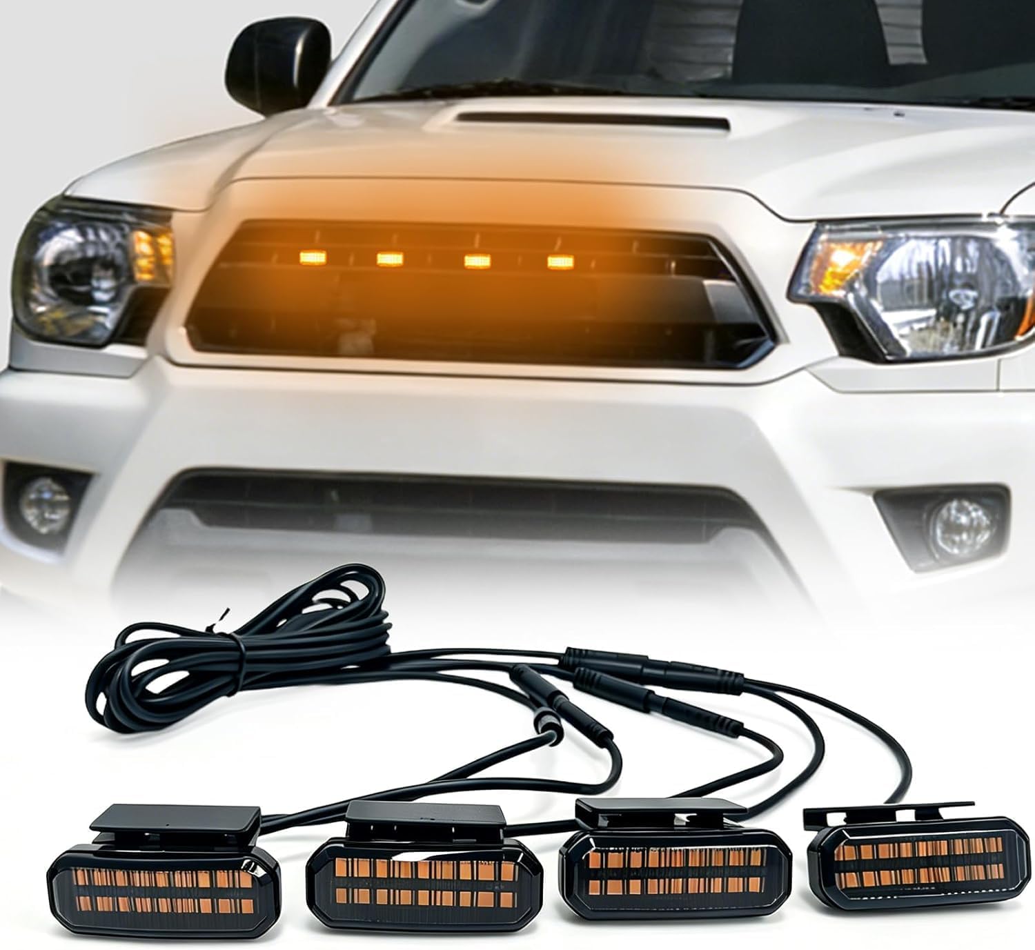 4PCS Amber LED Grill Lights for Trucks, Universal Clip-On Truck Grill Lights with Wiring Harness and Fuse Tap, No-Drill Front Grille Light Kit for SUVs, Pickups and Off-Road Vehicles