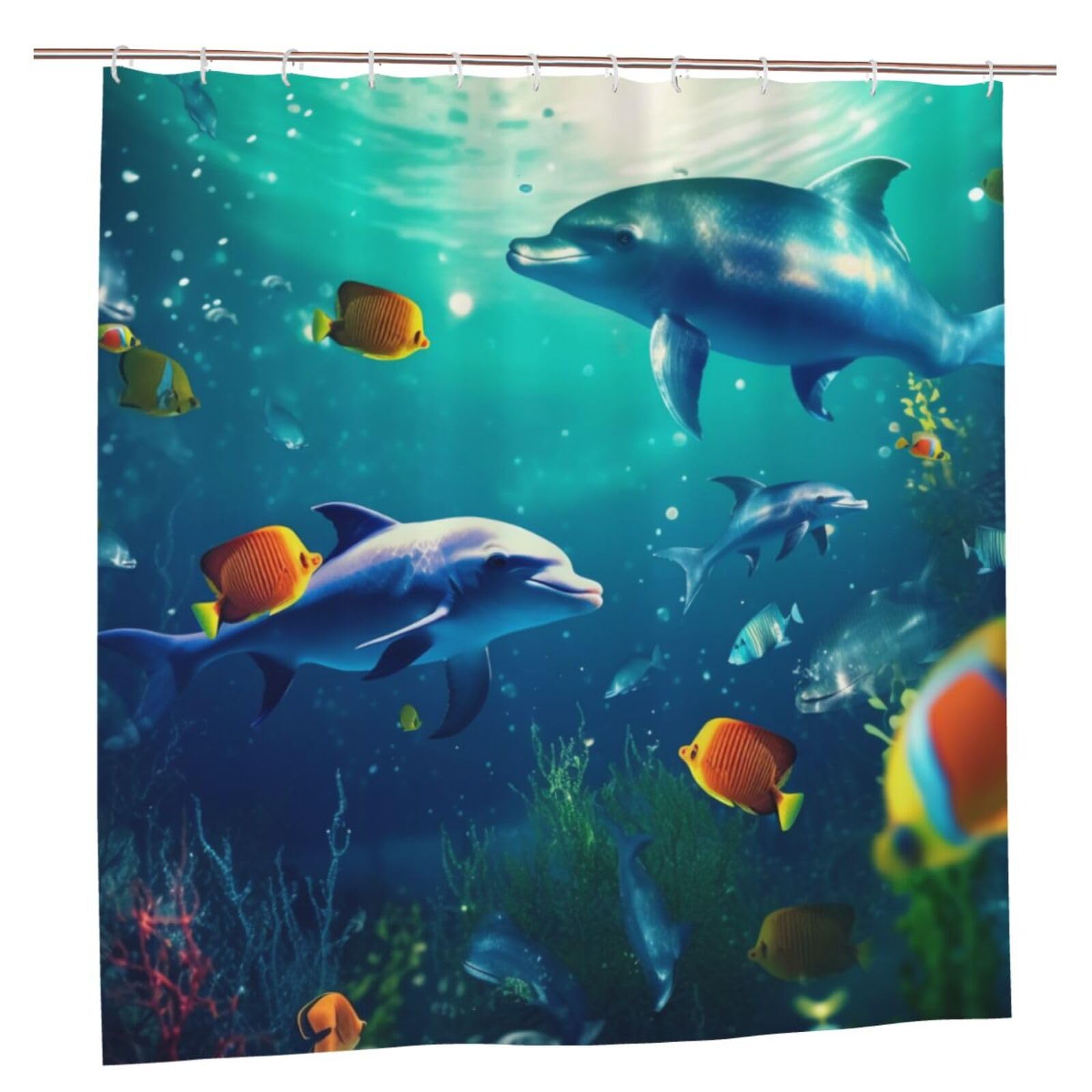 BWWHCCTI Underwater Fish Printed Shower Curtain With 12 Plastic Hooks Opaque Quick Drying Waterproof Shower Curtains Sets For Bathroom 183x183 CM