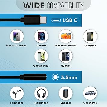 USB C to 3.5mm Audio Adapter Type C to Headphone Aux Jack Dongle 24bit/96kHz HiFi DAC Cable Cord Compatible with Smartphones, Tablets, Black