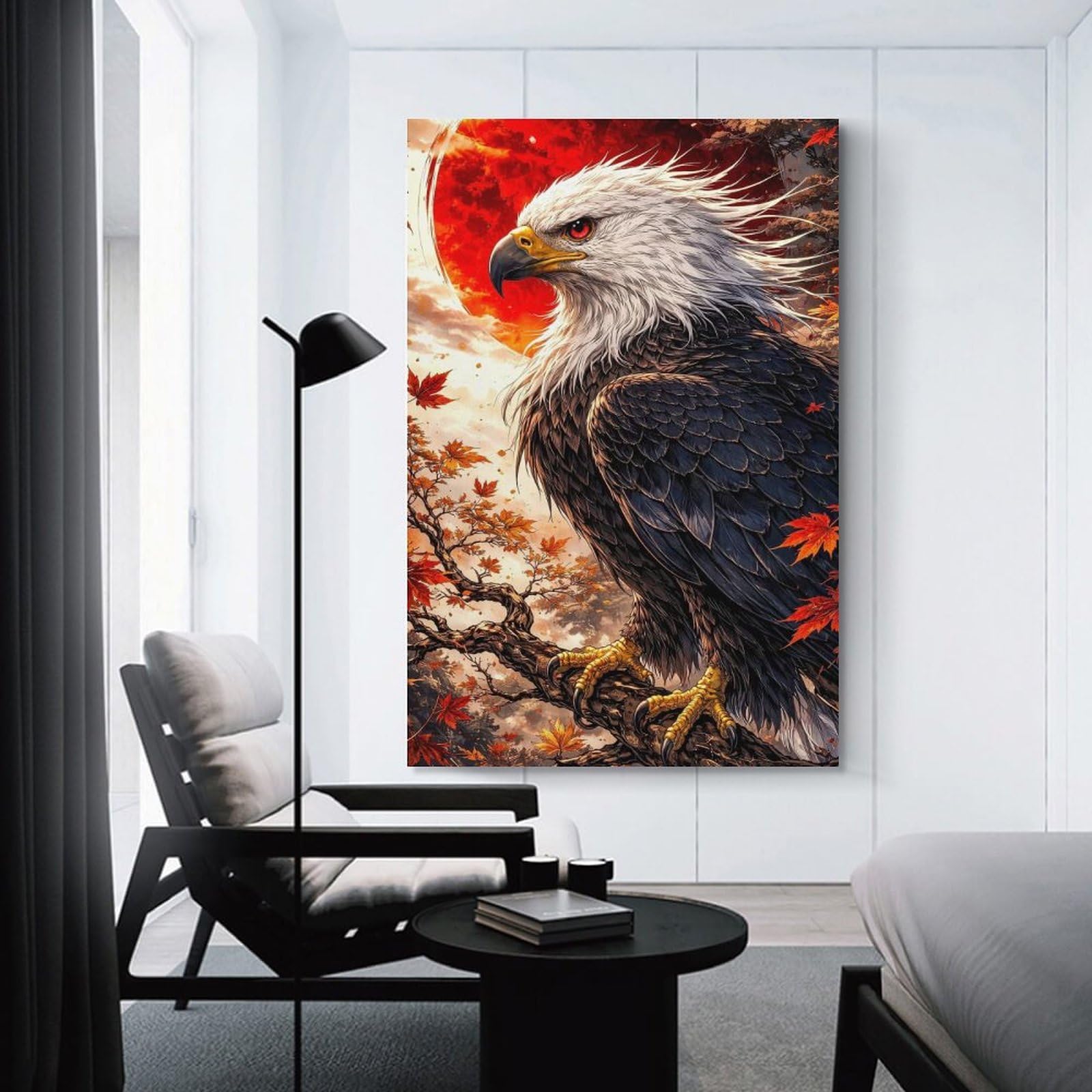 Junmoney Majestic Eagle with Red Moon Decorative Wall Artwork 24x36inch(60x90cm), for Front Hall, Corridor Or Welcome Spaces, Decorative Wall Art for Narrow Spaces