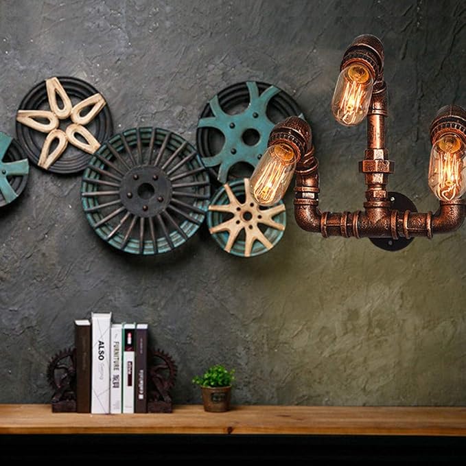 HWSY Loft stijl industriële metalen waterpijp lamp vintage wandverlichtingsarmaturen voor thuis antieke nachtkastje 3-lichts edison wandkandelaar binnenverlichting Interesting photo 3