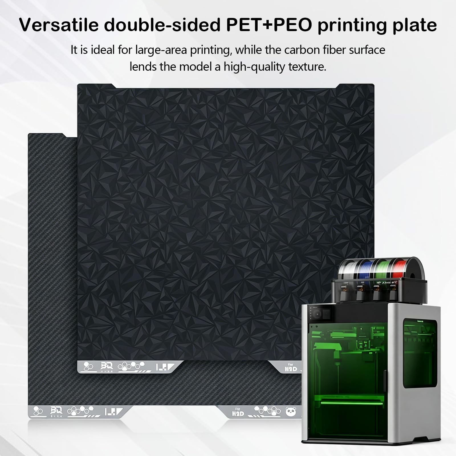Plataforma de Impresión para Bambulab H2D H2S, PET (Carbono) + PEO (Diamante) Build Plate 355 x 346 mm, Acero para Resortes de Impresión 3D de Doble Cara para Bambu Lab H2D/H2S Textured Print Plate