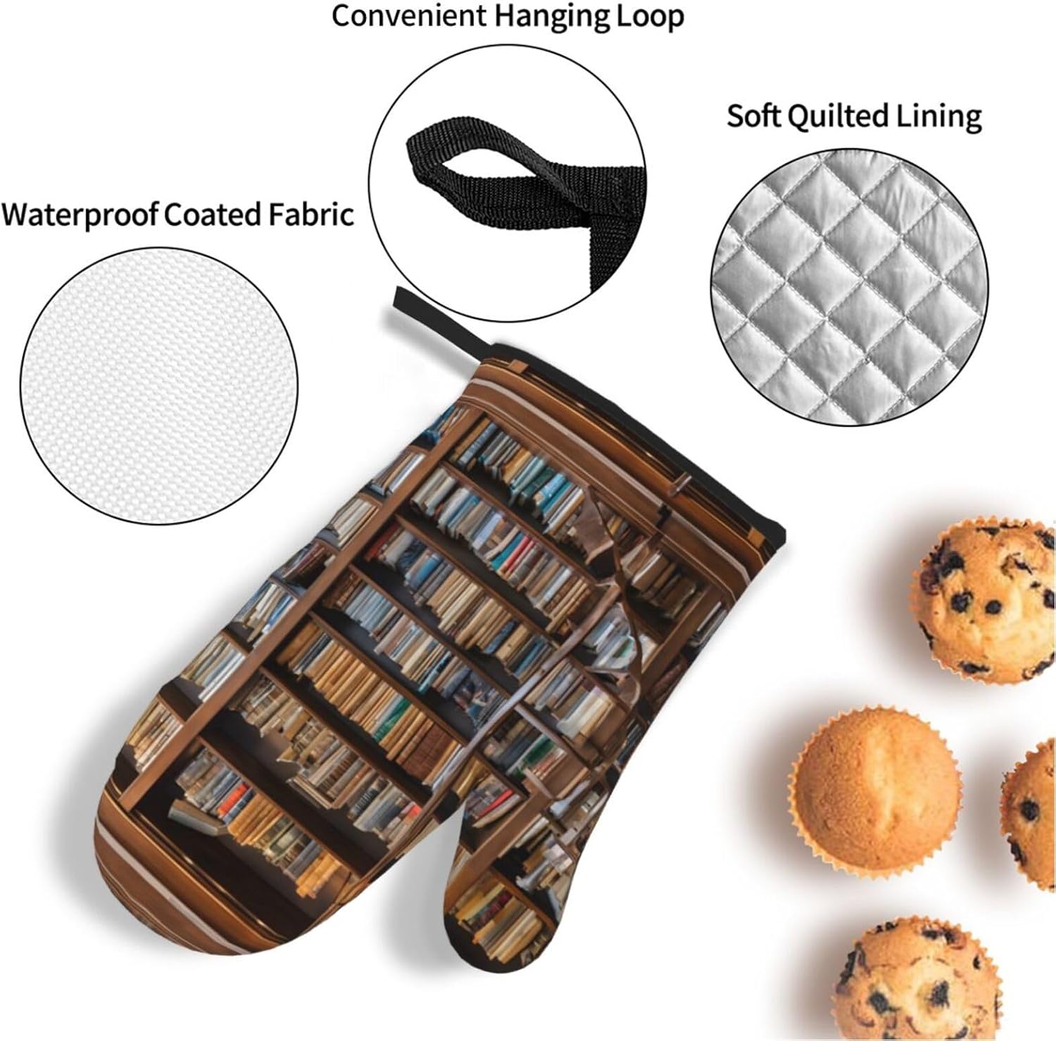 (Books) Baking 4-Piece Set: 2 Oven Mitts and 2 Pot Holders Heat Resistant Waterproof Hanging Loop for Kitchen Oven Grill Housewarming Gifts