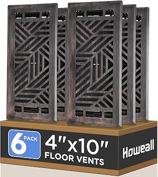 Howeall 4x10 Inches 6 Pack Heavy Duty Walkable Floor Register Easy Adjust Air Supply Lever Floor Vents - Brooklyn Design - Vent Cover for Home Floor - Oil Rubbed Bronze