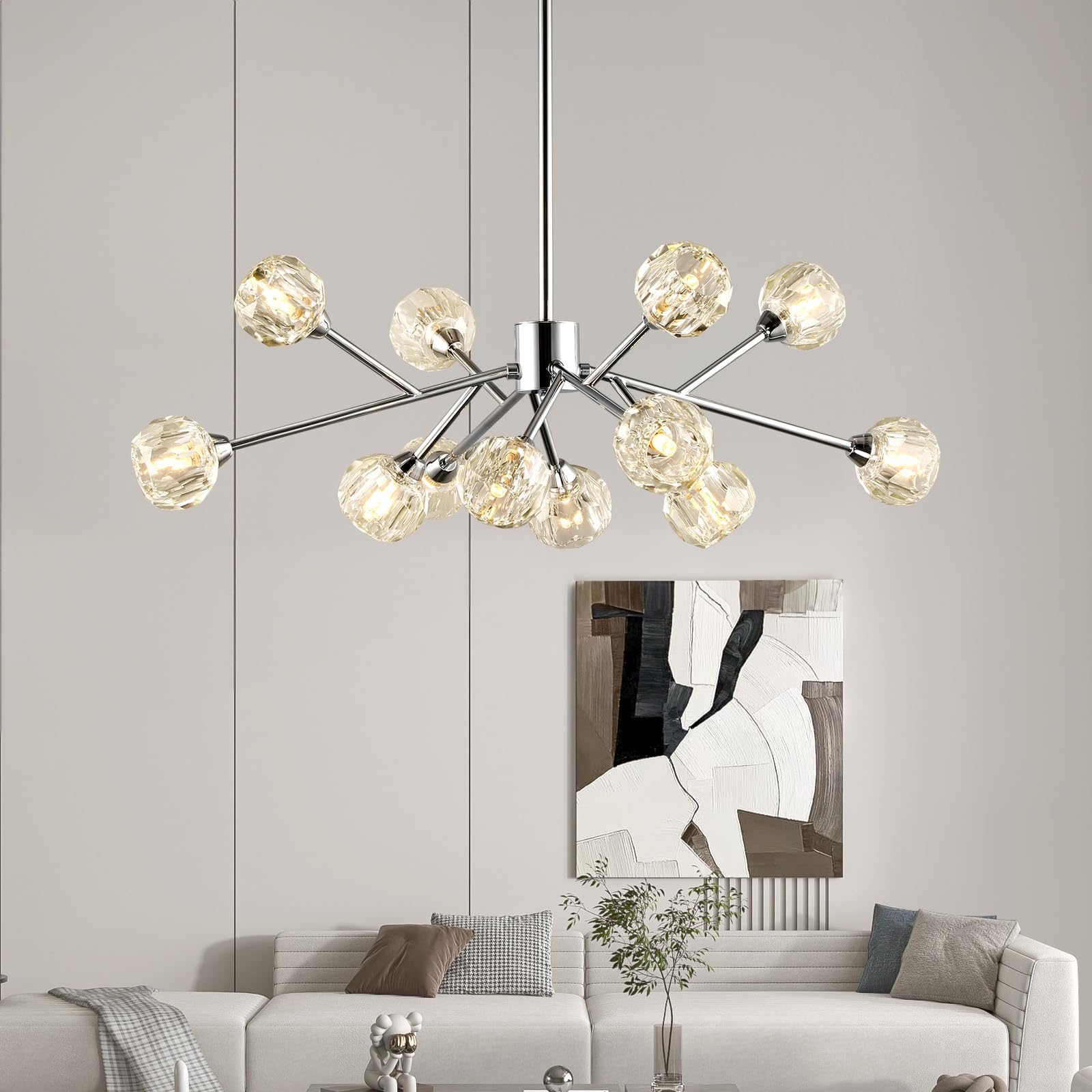 Weesalife Sputnik Chandeliers for Dining Room Light Fixture Over Table, Modern Crystal Chandeliers, 12 Lights Chrome Lighting Fixtures for Living Room Bedroom Kitchen Island Bar