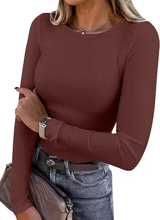  Women Long Sleeve Shirts Rib Knit Slim Fit Tops Basic Tee Spring Outfits Casual T-Shirt Underscrubs Layer Clothes