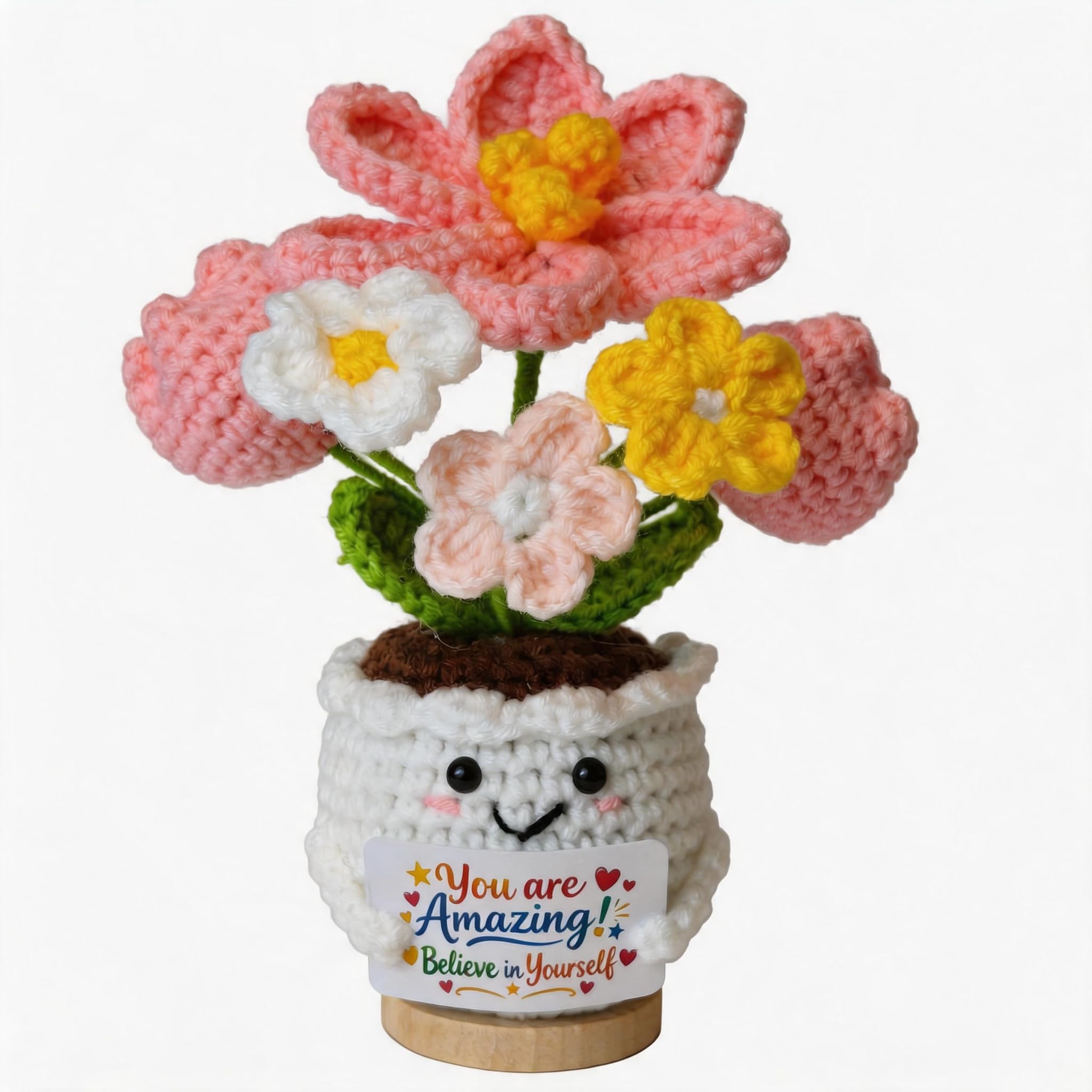 IERKLMMO Crochet Flower Pot Gift for Women, Handmade Knitted Tulip Plant with Encouragement Card, Cute Positive Emotional Support Desk Decor, Thank You Appreciation Birthday for Mum Fri