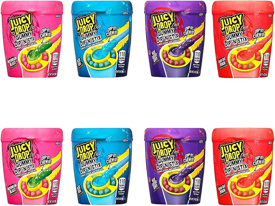 Juicy Drop Gummy Dip 'N Stix, Sweet Gummy Sticks w Sour Dipping Gel, 8