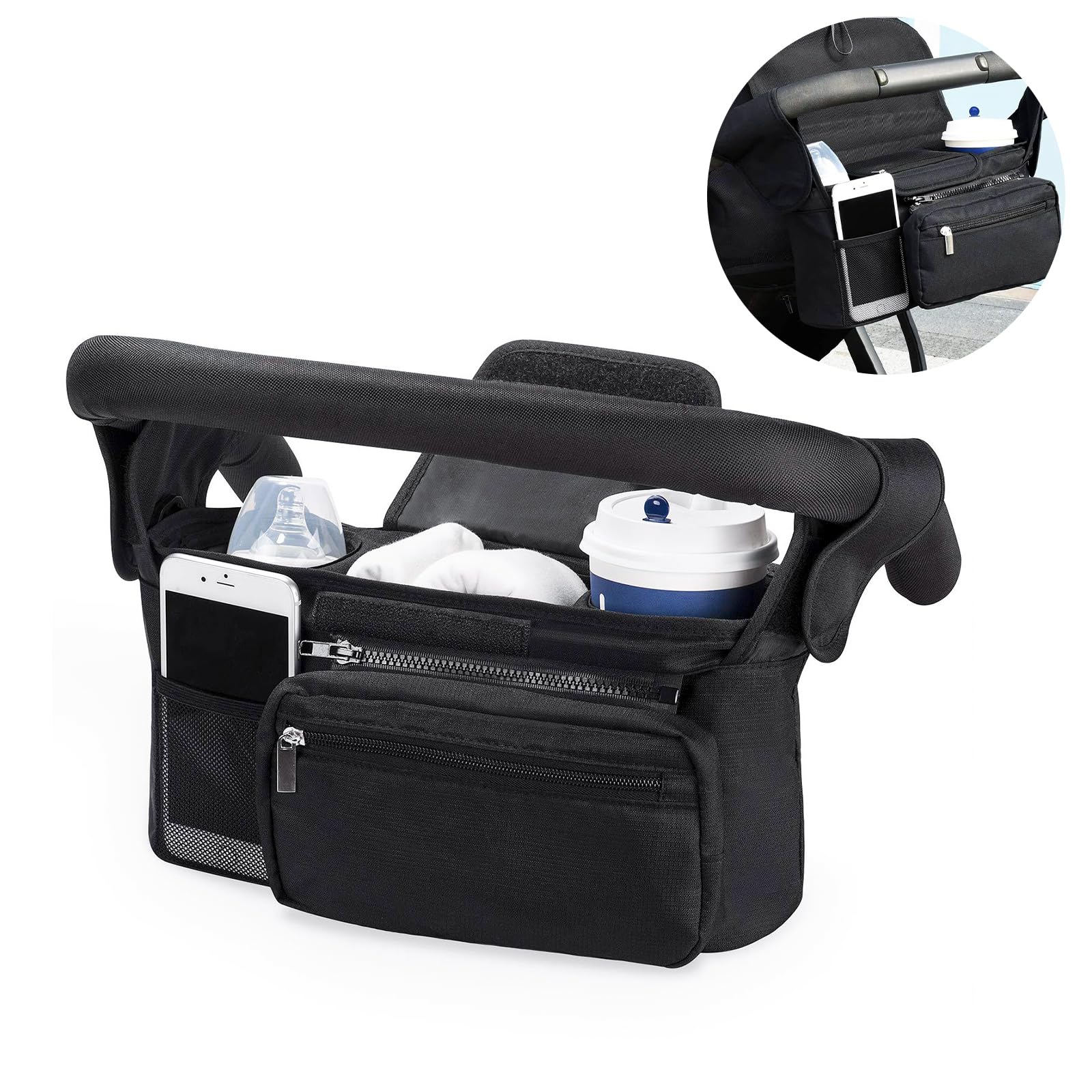 Sac de Rangement Universel pour Poussette, Poussette Organisateur avec Poche zippée, Grande Capacité Organisateur de Buggy Pour Poussette avec Porte-Bouteilles Isolés, Noir