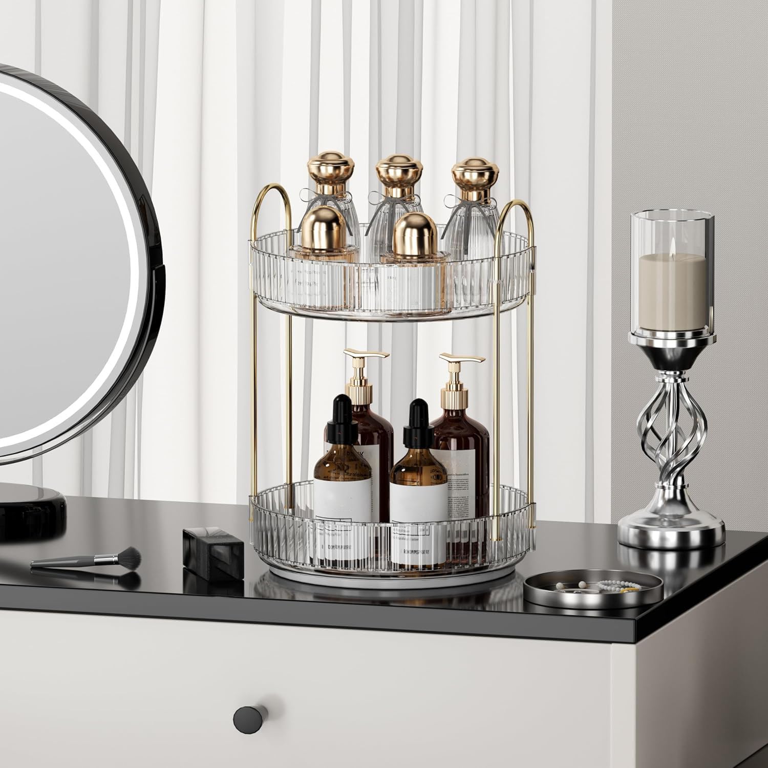 Organizzatore di Trucco Rotante a 360°, Porta Trucchi Organizzatore Grande Capacità,Organizzatore di Profumi,Organizer Trucchi Multifunzione per Toeletta,Camera da Letto,2 Livello Trasparente