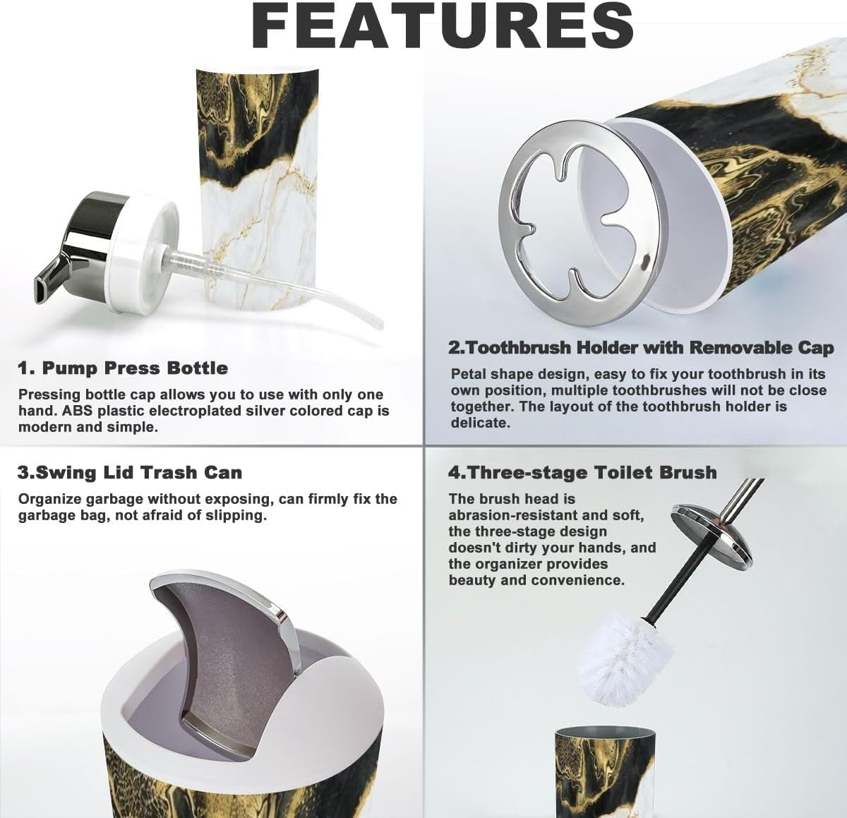 Bathroom Accessory Set 6 Piece Abstract Texture Black White Marble Gold Veins Decorative Toothbrush Holder, Toothbrush Cup, Soap Dispenser, Soap Dish, Toilet Brush Holder, Trash can for Countertop