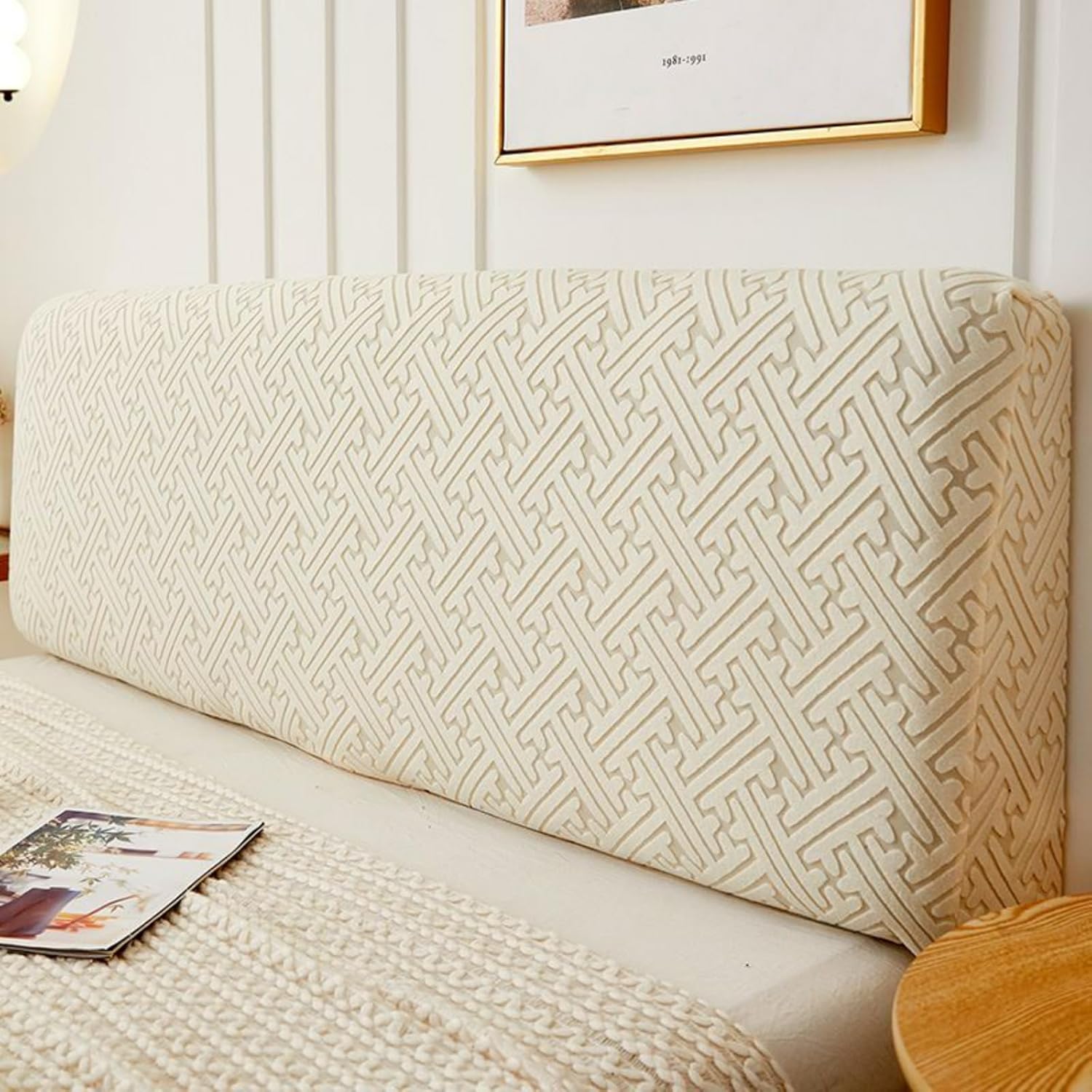 EFELIM Stretch Bed Headboard Slipcover Queen King Full Size Bed Headboard Cover Jacquard Bed Head Cover Dustproof Protector Cover for Bedroom Decoration (Rice White,210-240cm/83-94in)