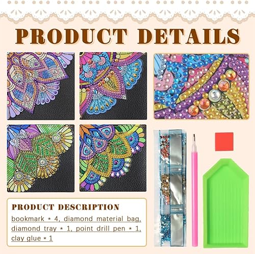 Miniatura 5 de Juego de 4 marcadores de esquina con diseño de diamantes, 4 marcadores de imágenes con patrón de flores triangulares 5D para amantes de los libros y