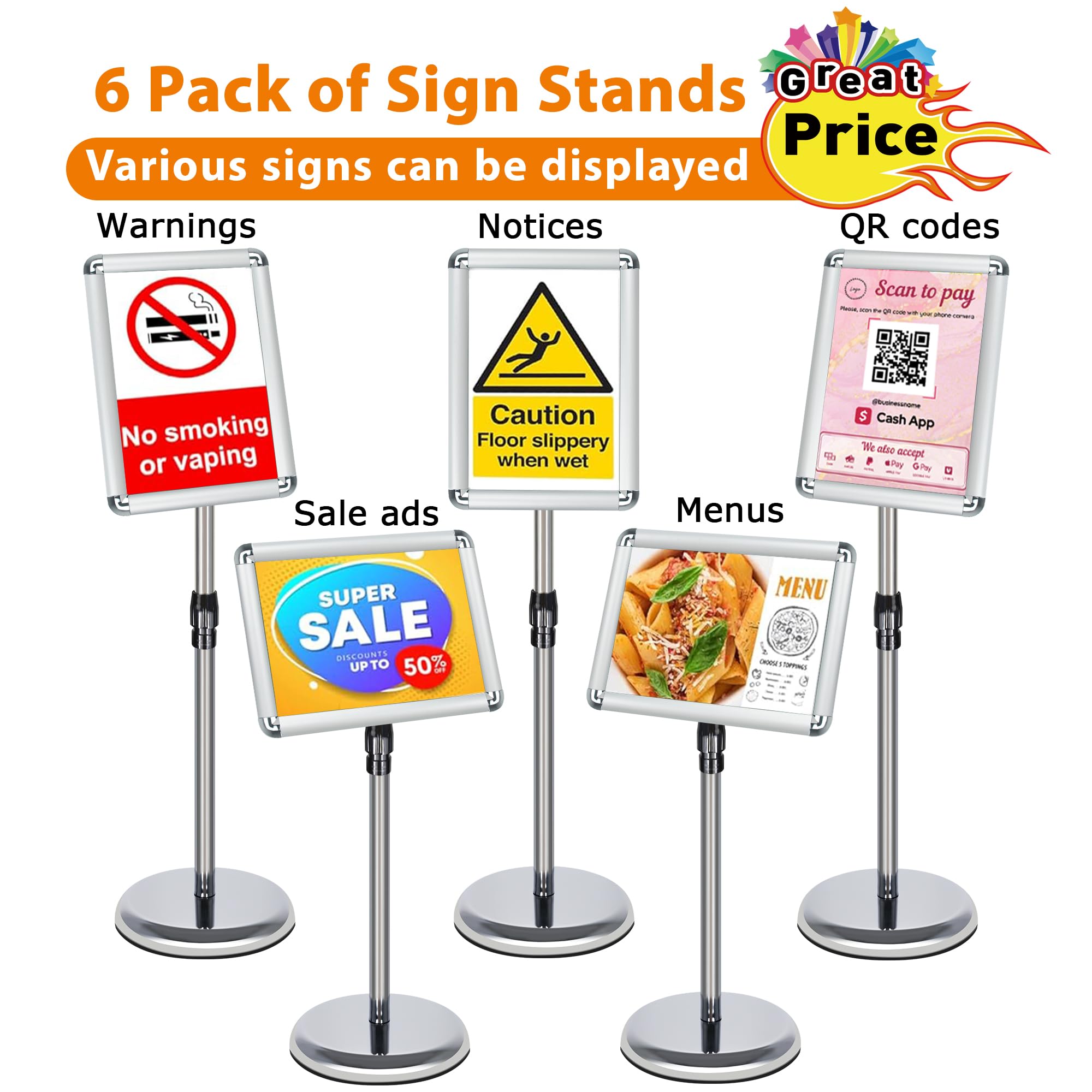 6 Unidades Soporte Ajustable para Carteles A3 Aluminio | 360° Giratorio Soporte Publicitario e Información con Esquinas Redondeadas | Expositor para Menú, Publicidad, Poster, Bodas, Plateado