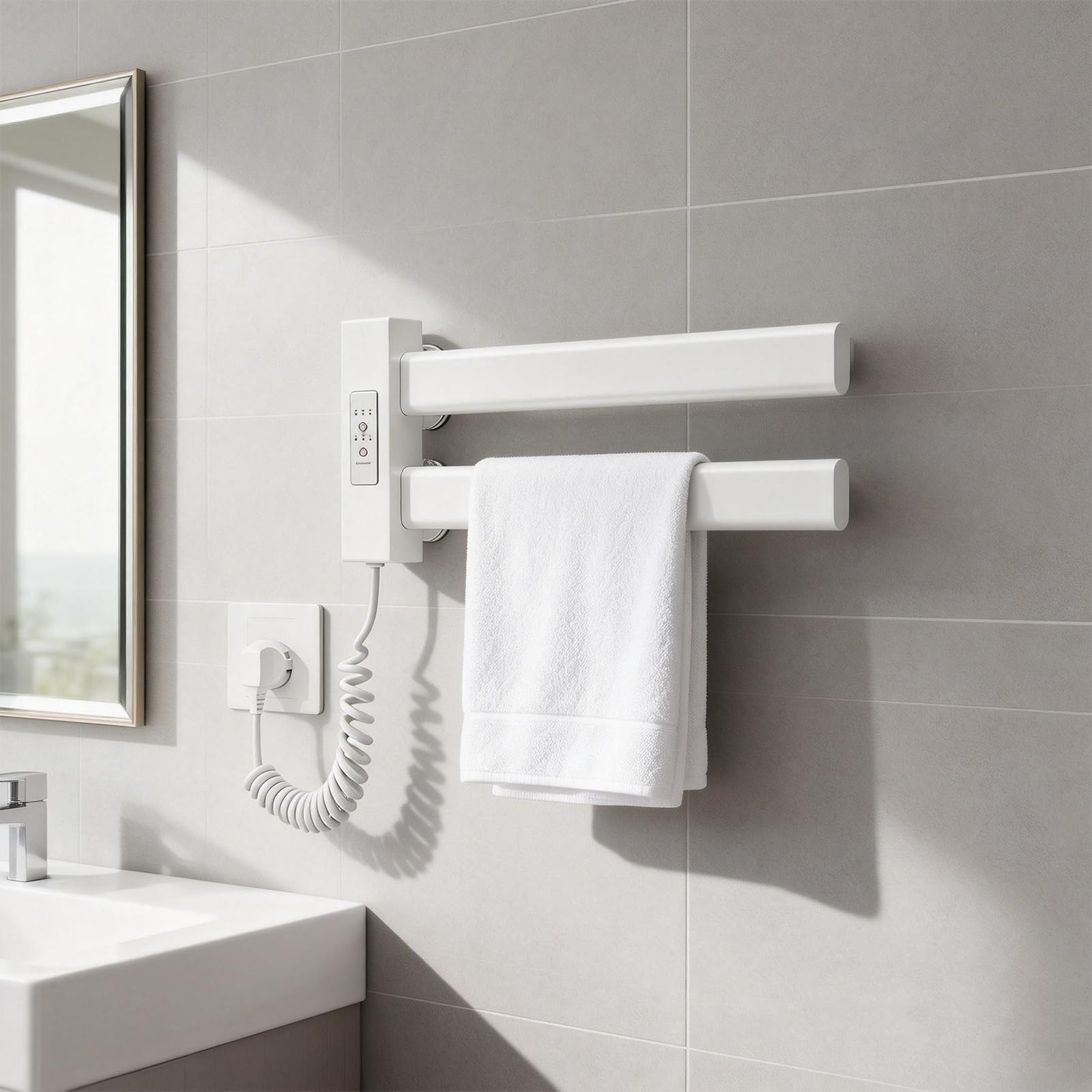 Scaldasalviette Elettrico Bagno 450×180mm Portasciugamani Elettrico Basso Consumo Scaldasalviette Termoarredo Piatto da Parete 50W con 2 Barre Riscaldanti Asciugatrice per Asciugamani Bianco