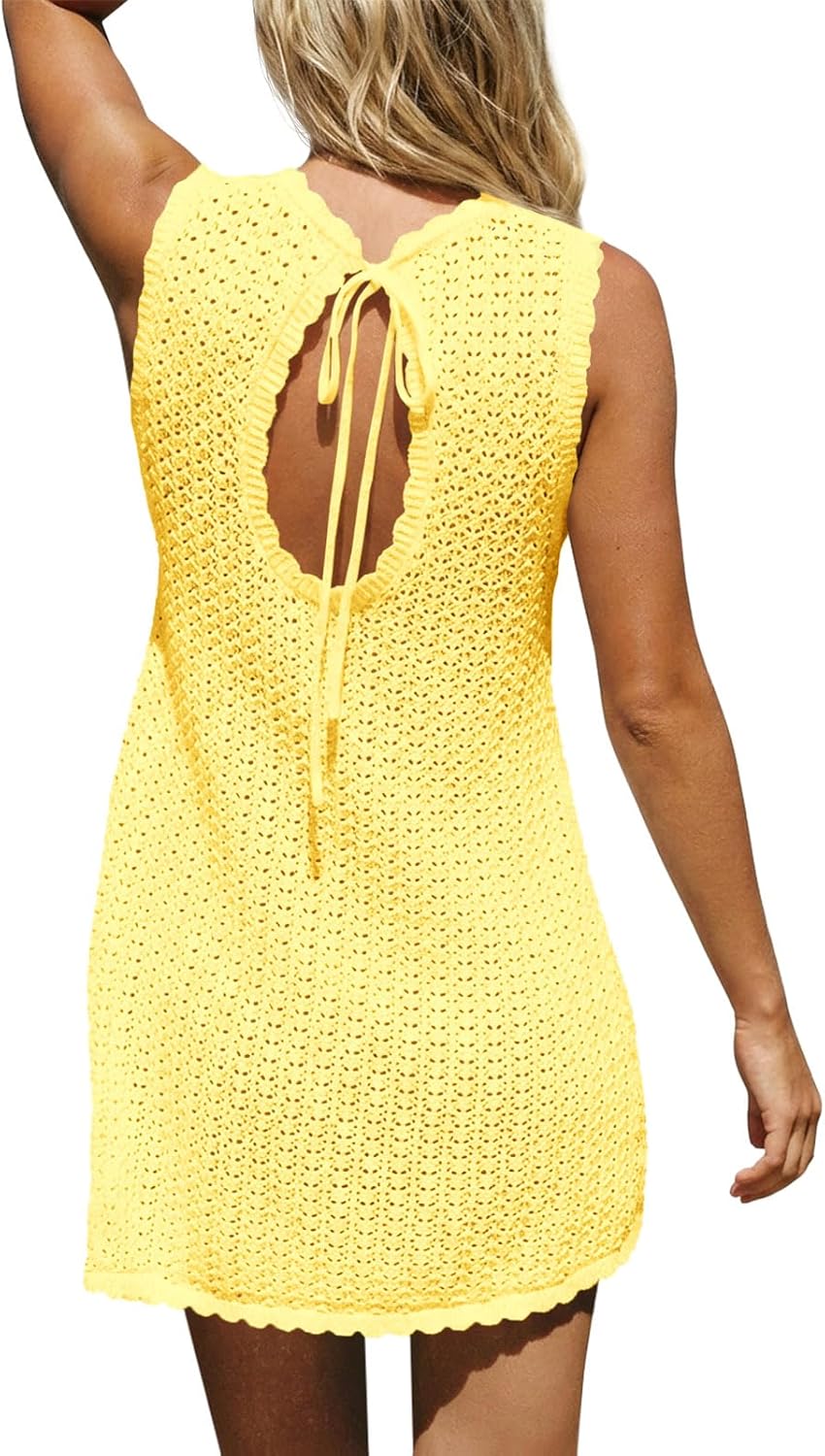 Fisoew Womens Swimsuit Coverup Crochet Sleeveless Bathing Suit Cover Up Swimwear 2026 Summer Beach Dress Vacation Outfits