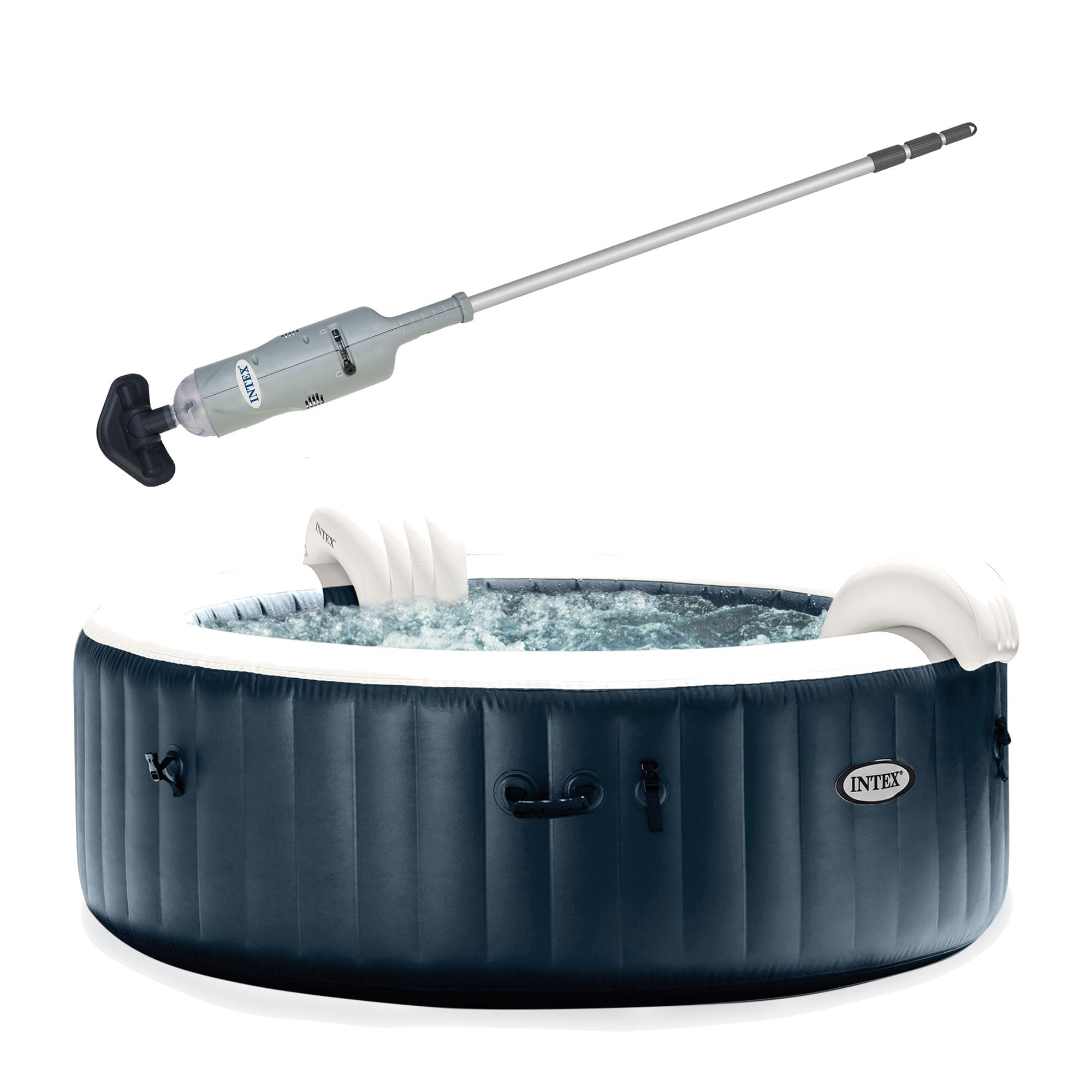 Intex Rechargeable Handheld above Ground Pool Vacuum Cleaner with Brush Heads and PureSpa 6 Person Bubble Massage Inflatable Hot Tub Spa, Cobalt Blue