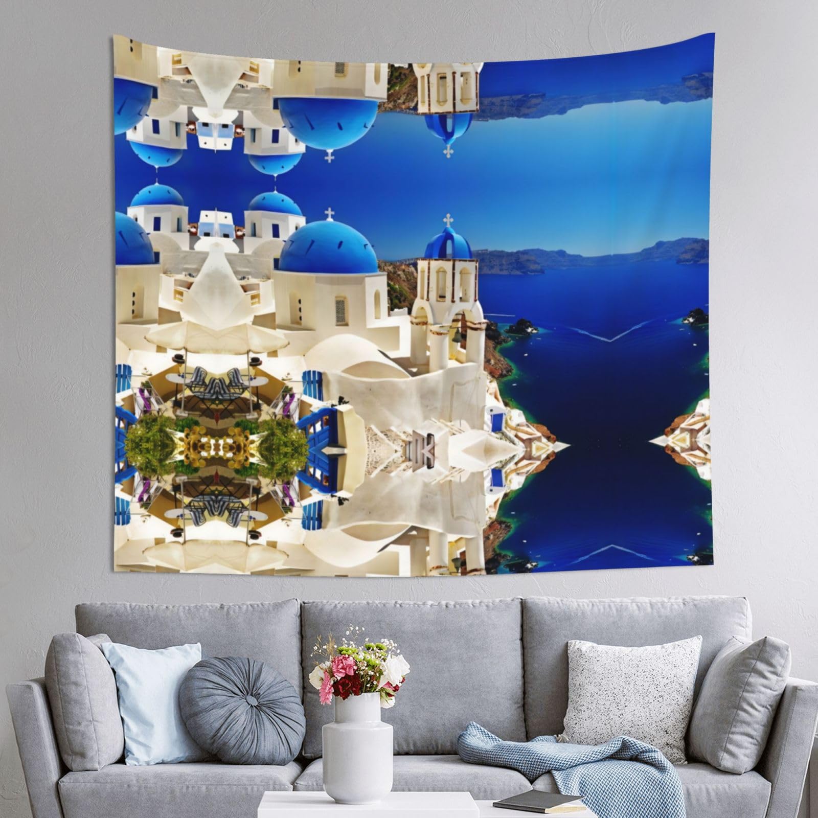 HLSBSSL 60x51in Santorini Greek Island Sea View Printed Tapestry Tablecloth for Dormitory and Picnic Rooms - Multifunctional Fabric Hanging