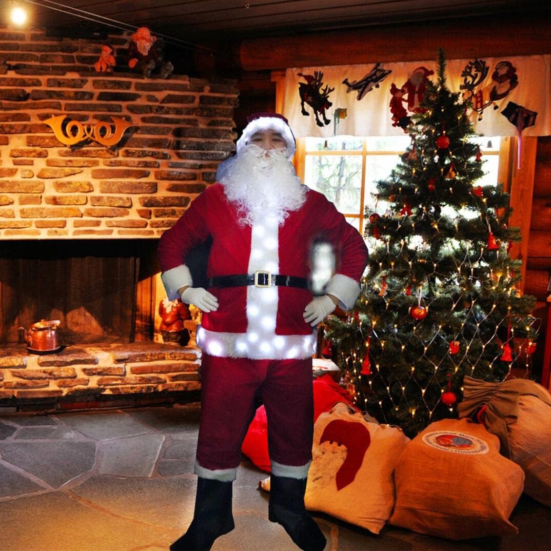 Miniatura 4 de QooGoo Men's Santa Suit,Christmas Santa Claus Costume, With LED Light Deluxe Velvet Suit 7pcs (Red, Normal)