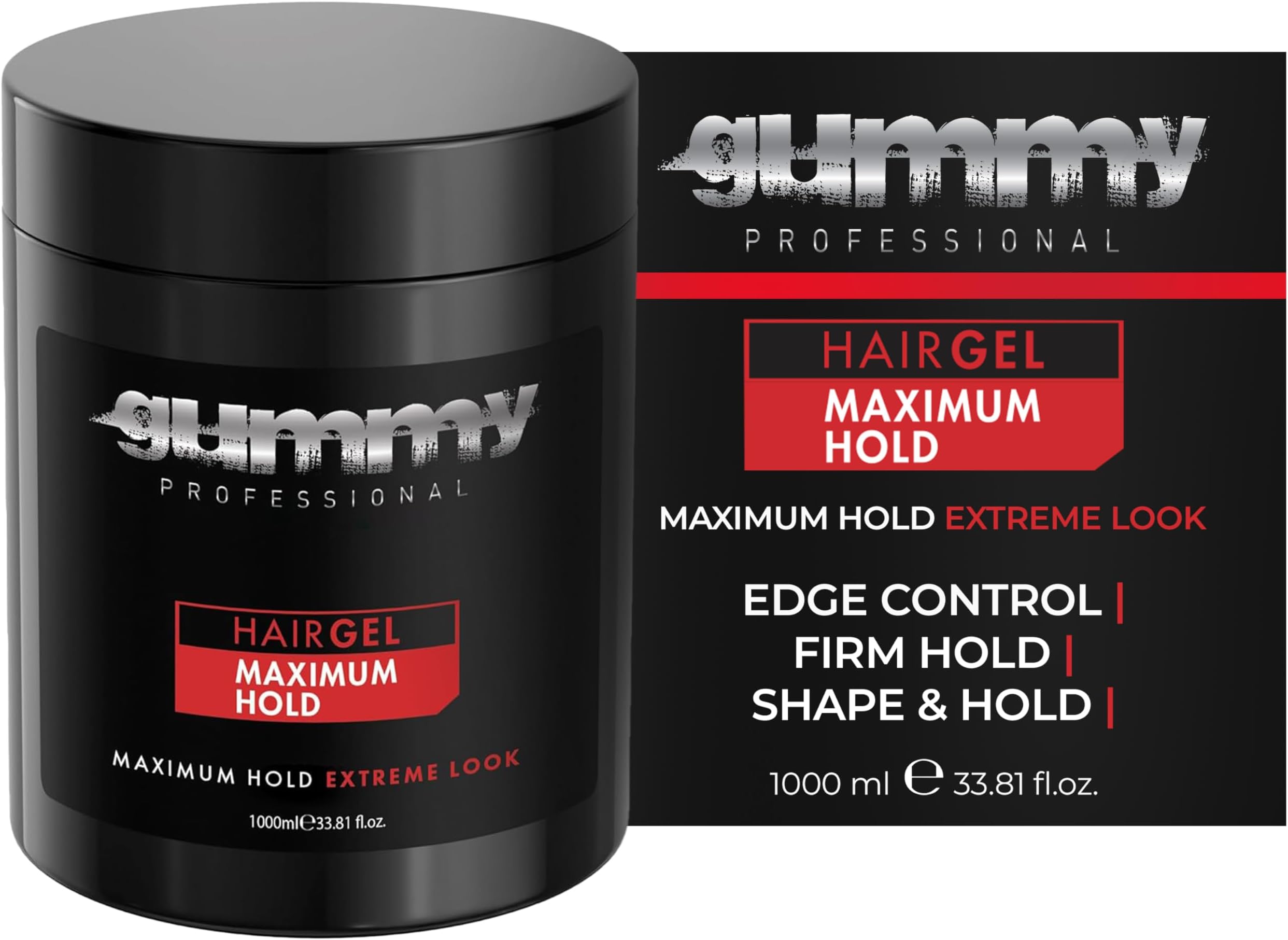 Gummy Professional - Hair Gel for Men and Women – Strong Hold Styling Gel for Slick Back Looks, Curls, Braids, Twists, and Edge Control – Clear Gel for Shine, Neat Styles, and Conditioning – 1000ml