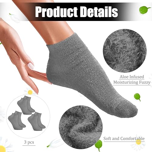 Miniatura 10 de Janmercy 3 pares de calcetines de aloe hidratante con infusión de gel para dormir, pies secos y peludos, calcetines de loción antideslizantes para