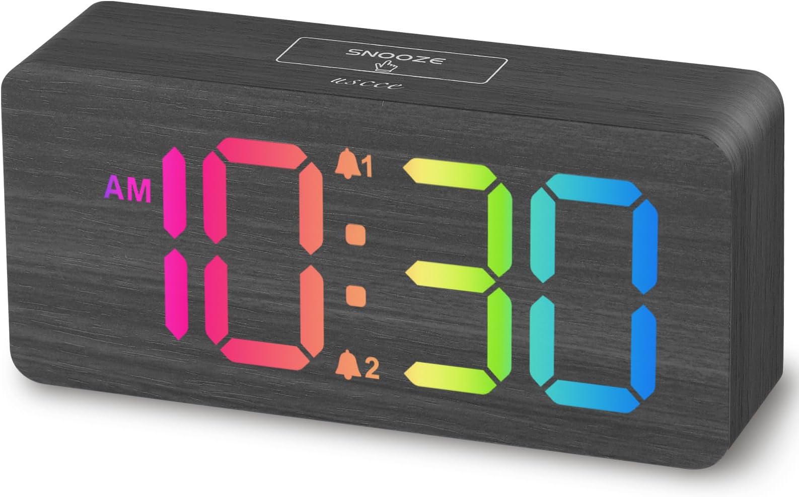 uscce Wooden Digital Alarm Clocks for Bedrooms: Dimmable RGB Alarm Clock with Large Numbers for Kids Desk - Gray