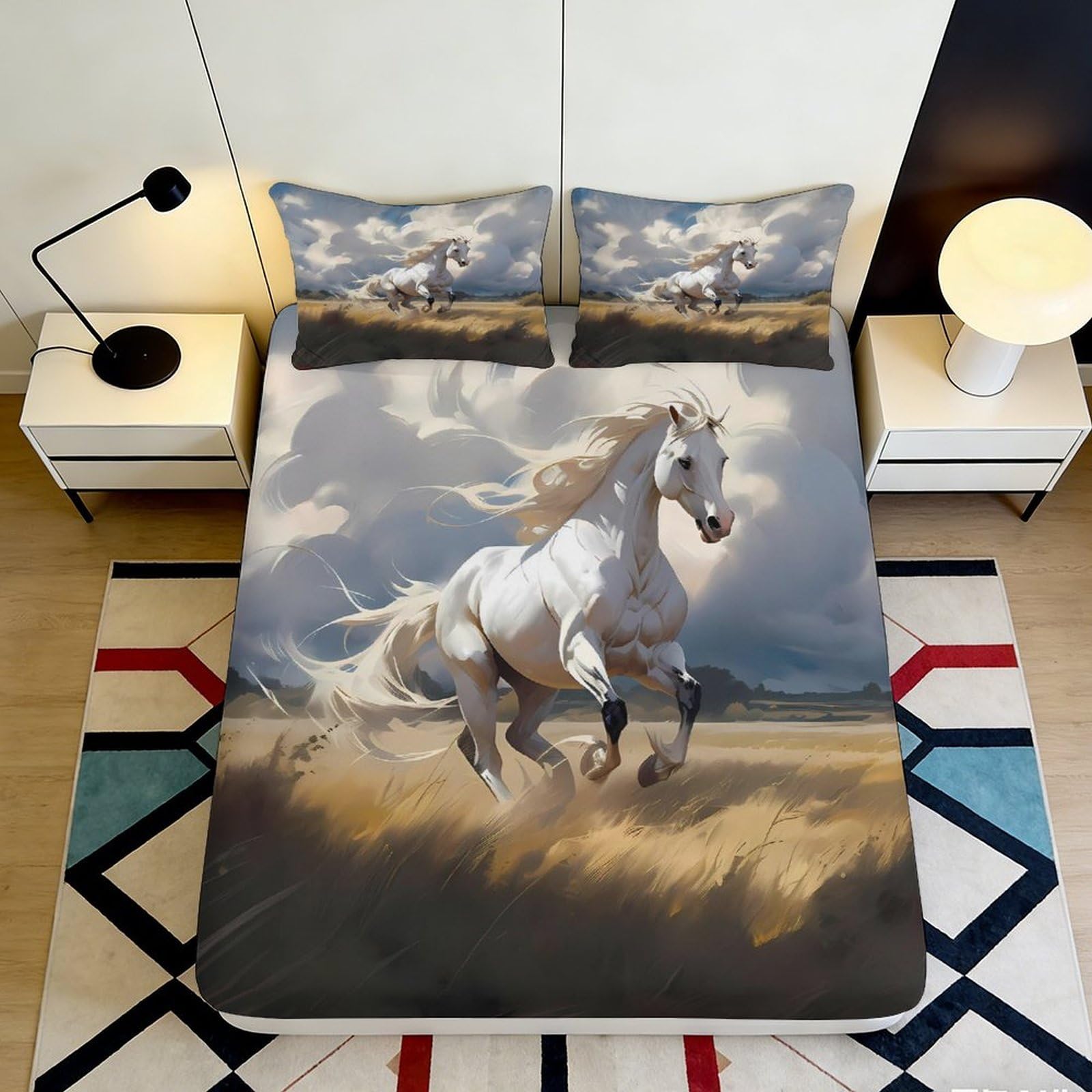 3D Printed White Horse Fitted Sheet Microfiber Soft Breathable Galloping Horse Mattress Cover for Bedroom Dorm Dormitory Guest Room Mattress Protection 160x200x25cm