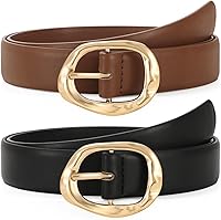 TRIWORKS 2-Pack Women's PU Leather Belts with Liquid Gold Buckle - Stylish Waist Belts for Jeans, Pants, Dresses